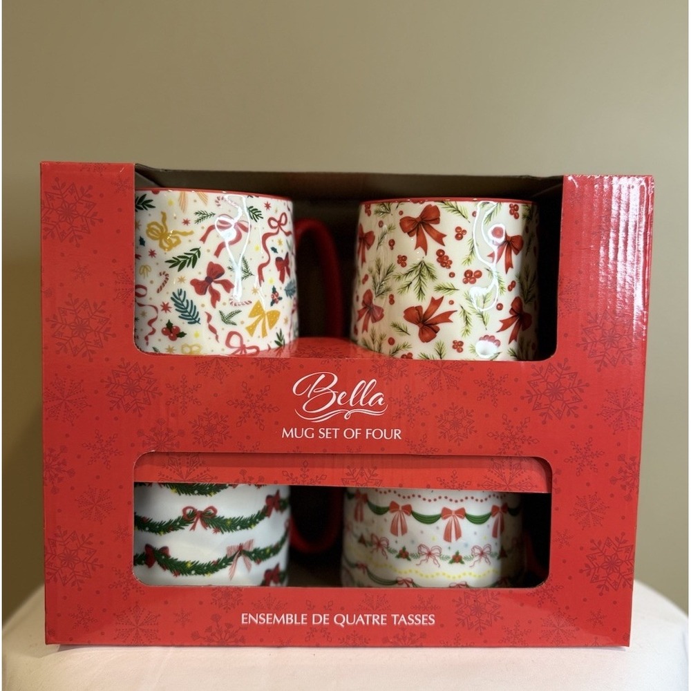 NEW 10 Strawberry Street Pink Holiday Bows & Wreaths Boxed Set of 4 Mugs